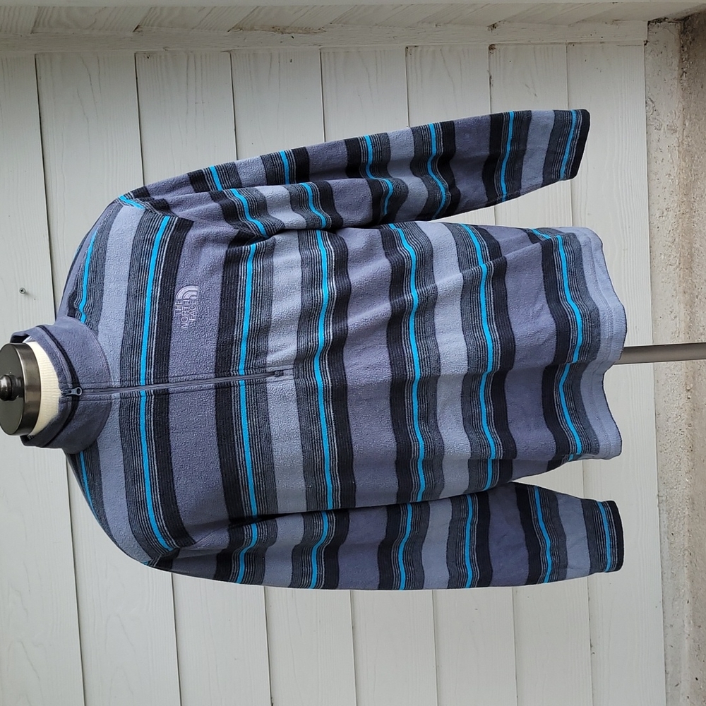 THE NORTH FACE Grey Blue Striped‎ Fleece Polyester Sz L Half Zip Pullover Jacket